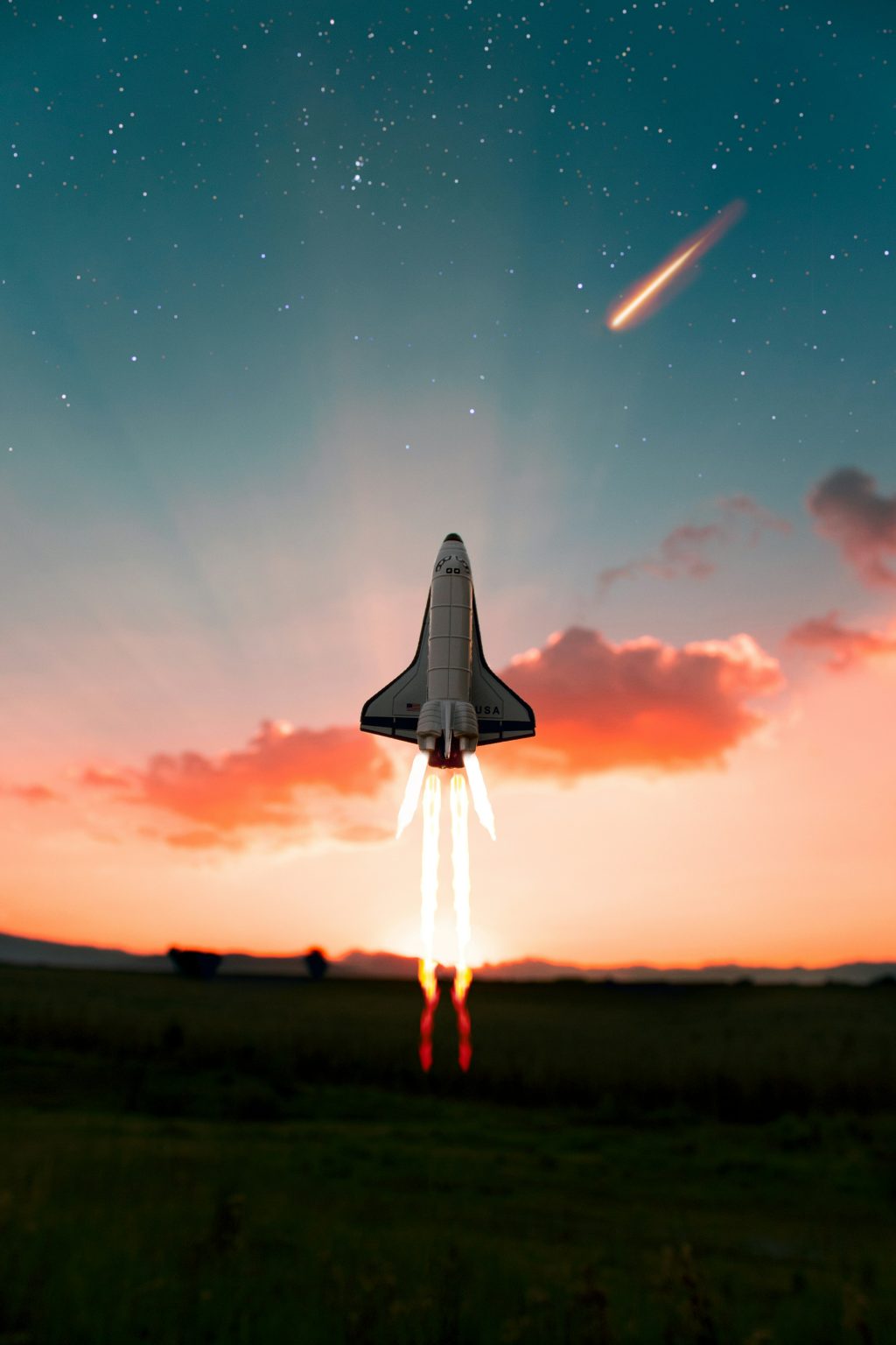 A rocket ship blasting off into space
